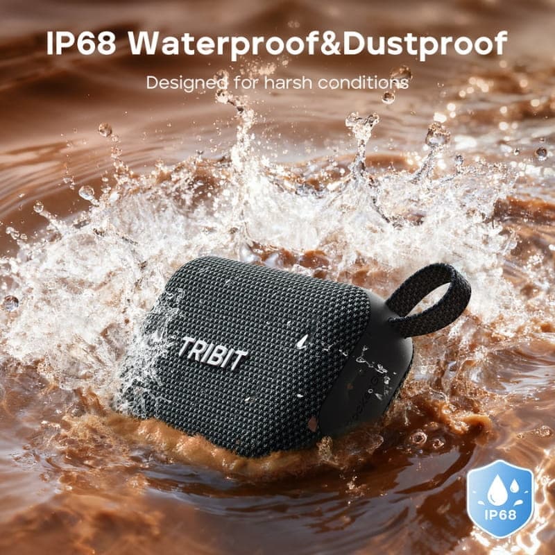 Tribit Pocket Go 7W Noir, mini enceinte noire IP68 avec grille textile, sangle de transport et boîtier robuste, résistante à l’eau et à la poussière