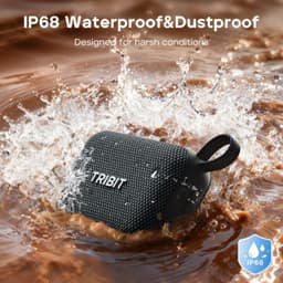 Tribit Pocket Go 7W Noir, mini enceinte noire IP68 avec grille textile, sangle de transport et boîtier robuste, résistante à l’eau et à la poussière