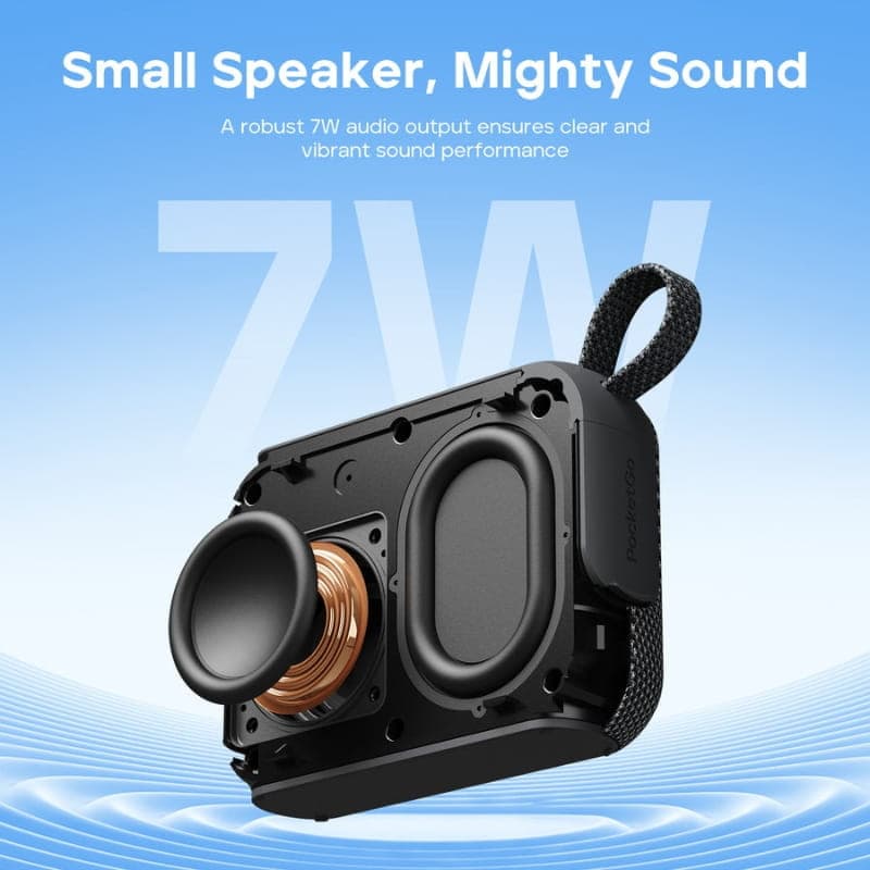 Tribit Pocket Go 7W Vert avec boîtier noir compact, haut-parleur exposé, radiateurs passifs latéraux et dragonne tressée pour transport facile