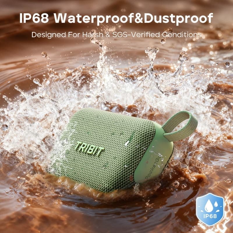 Tribit Pocket Go 7W Vert, mini enceinte robuste IP67, grille tissu vert, boutons + et -, boucle daccroche, compacte et résistante aux chocs et poussière