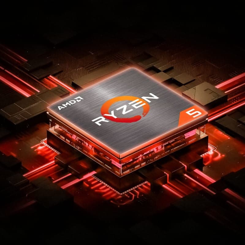 Chip AMD Ryzen 5 6600H iluminado em vermelho, com logotipo Ryzen em destaque sobre placa eletrônica, design metálico e linhas de energia brilhantes