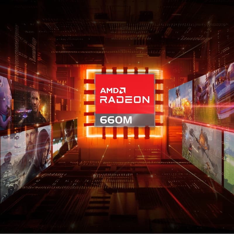 Gráfico AMD Radeon 660M em destaque, fundo tecnológico com luzes vermelhas e laranjas, telas laterais exibindo jogos e multimídia, estilo futurista