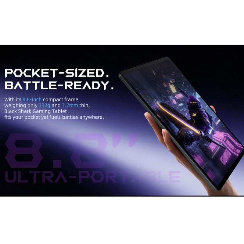 Tablet Black Shark Pad Gaming 8,8 polegadas preto, design ultracompacto e leve, bordas finas e tela ampla ideal para jogos, visual gamer com neon roxo