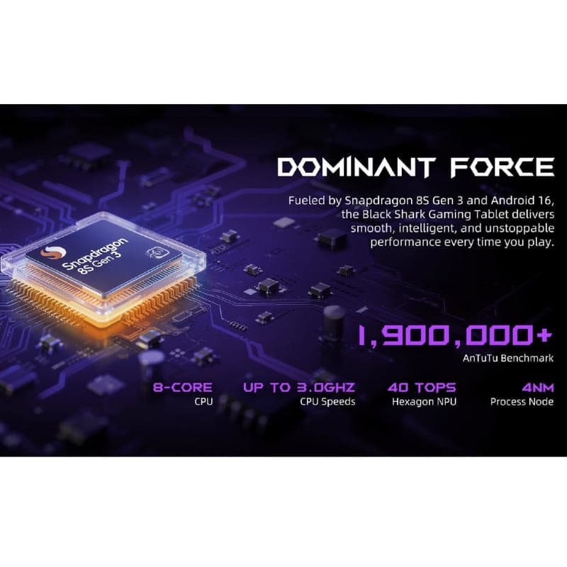 Chip Snapdragon 8S Gen 3 em placa roxa, destaque para CPU 8 núcleos até 3,0 GHz, NPU 40 TOPS e benchmark AnTuTu 1.900.000+, design tecnológico brilhante