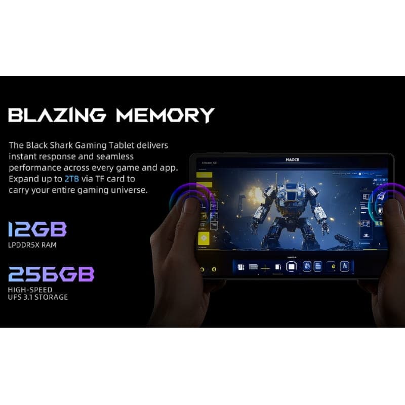Tablet Black Shark Pad Gaming 8,8 polegadas em preto, tela ampla com bordas finas, interface gamer, 12GB RAM e 256GB armazenamento, foco em jogos Wi‑Fi