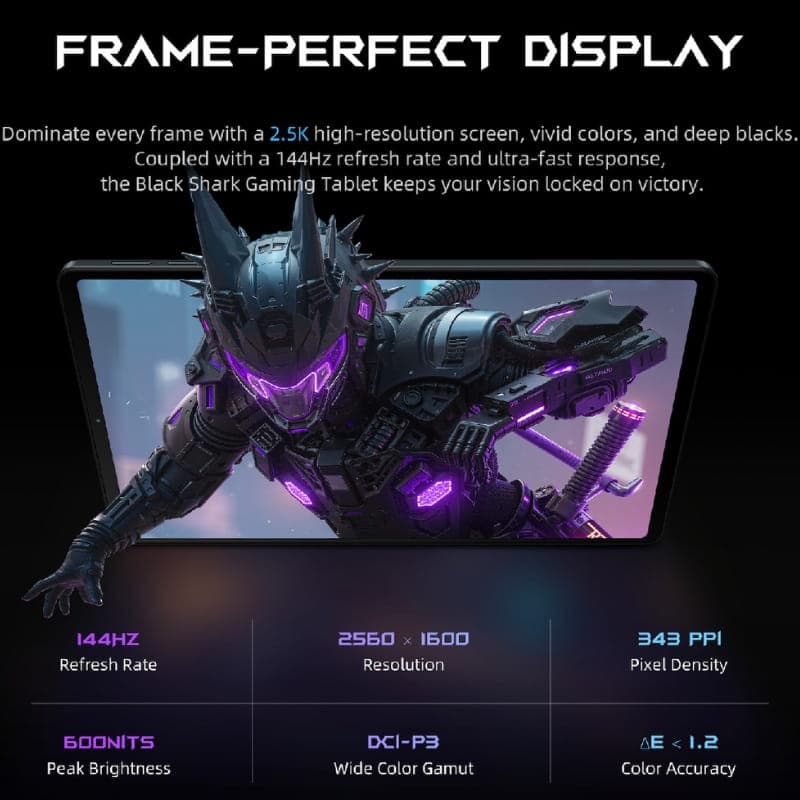 Tablet Black Shark Pad Gaming 8,8 pol com tela 2.5K 2560x1600, 144Hz, brilho 600 nits, cores DCI-P3, design gamer preto com LEDs roxos