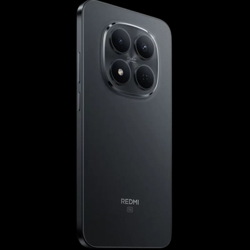 Xiaomi Redmi Note 15 Pro 5G preto com traseira fosca e módulo de câmara quadrado com quatro lentes salientes; design fino com botões laterais