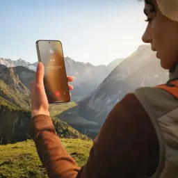 Smartphone preto com ecrã 6,83 pol quase sem bordas, câmara frontal central, chamada em curso ao ar livre; design premium do Xiaomi Redmi Note 15 Pro 5G