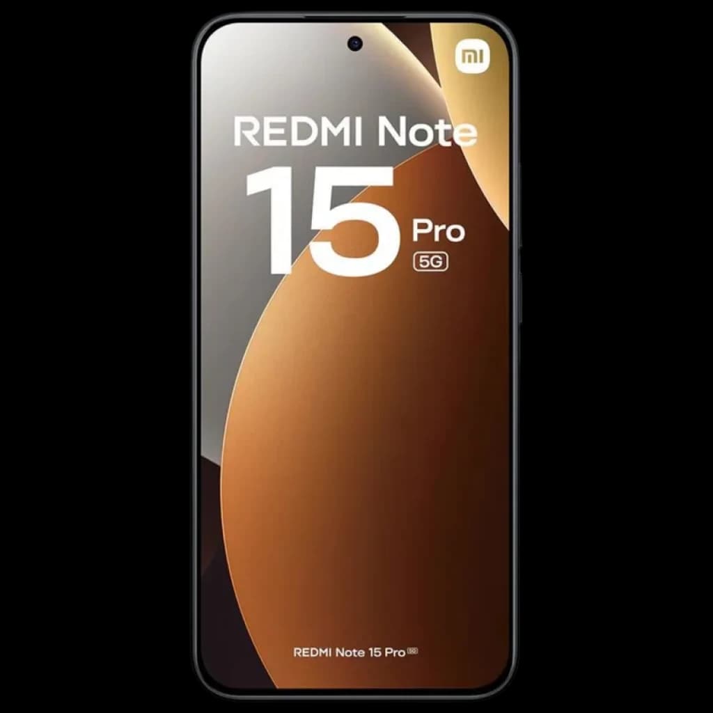 Smartphone preto com ecrã 6,83 pol centrado por câmara punch‑hole, bordas finas, branding Redmi Note 15 Pro 5G em destaque no visor