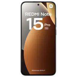 Smartphone preto com ecrã 6,83 pol centrado por câmara punch‑hole, bordas finas, branding Redmi Note 15 Pro 5G em destaque no visor