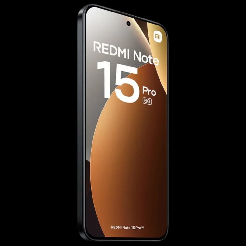 Xiaomi Redmi Note 15 Pro 5G preto com ecrã 6,83 pol quase sem bordas, furo central para câmara frontal, vidro refletivo e laterais arredondadas