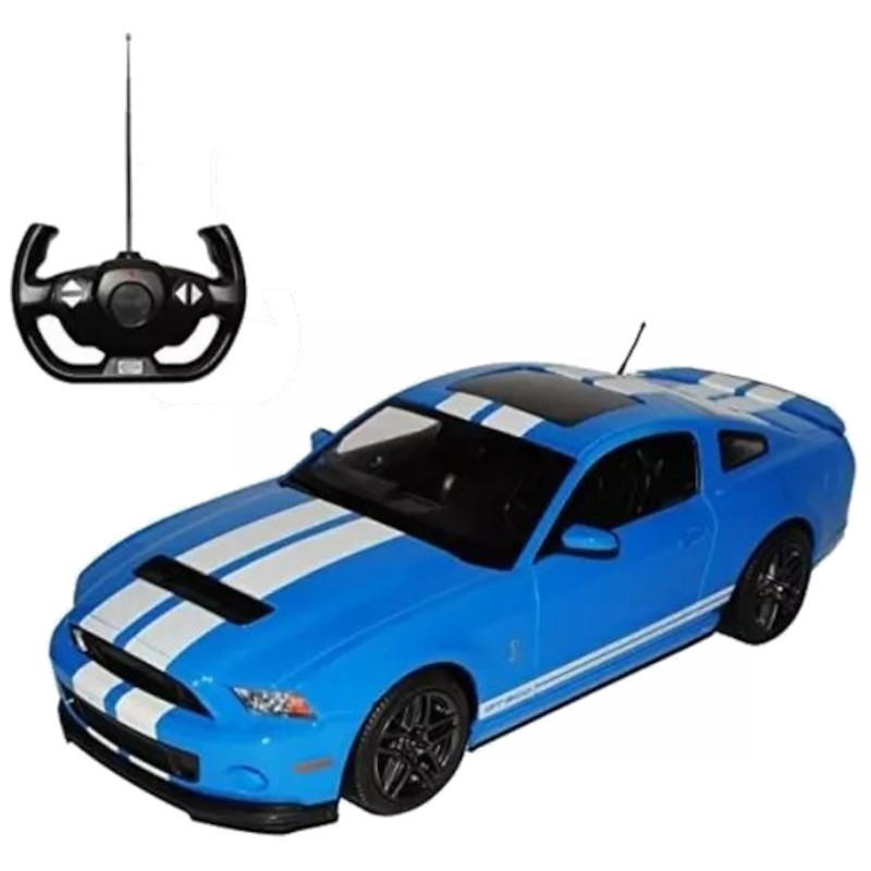 RASTAR R/C 1:14 Ford Shelby GT500 azul com listras brancas, teto preto e rodas esportivas; controle remoto em formato de volante com antena longa - Item