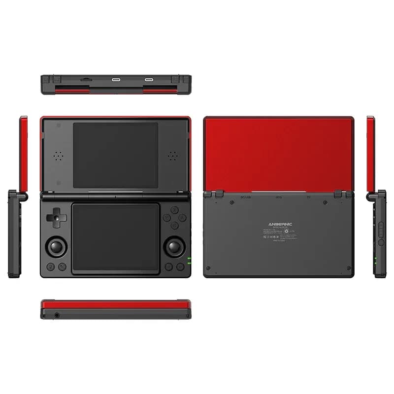 Anbernic RG DS Noir - Console rétro bicolore rouge et noir, double écran, croix directionnelle, deux sticks, boutons ABXY et ports latéraux compactes