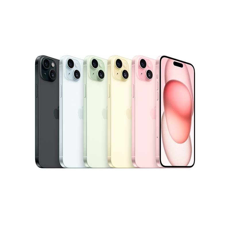 Módulo de câmera dupla do iPhone 15 Plus preto renovado em excelente estado, lentes grandes com anel metálico e acabamento suave, botão lateral visível