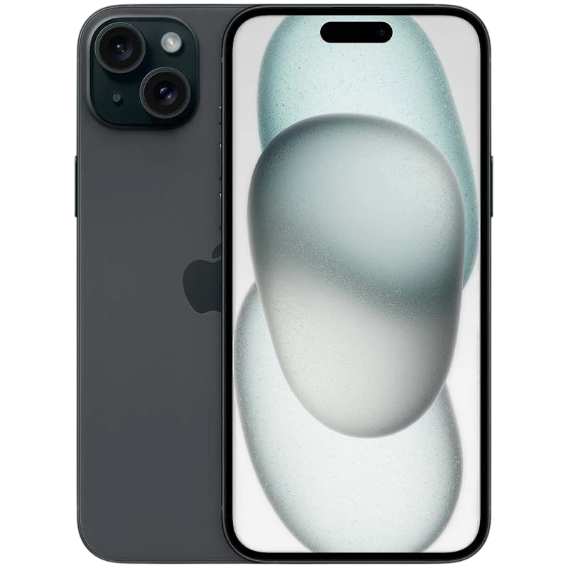 iPhone 15 Plus 5G 128GB negro renovado en estado excelente, doble cámara trasera, pantalla amplia con Dynamic Island y bordes curvos elegantes - Ítem