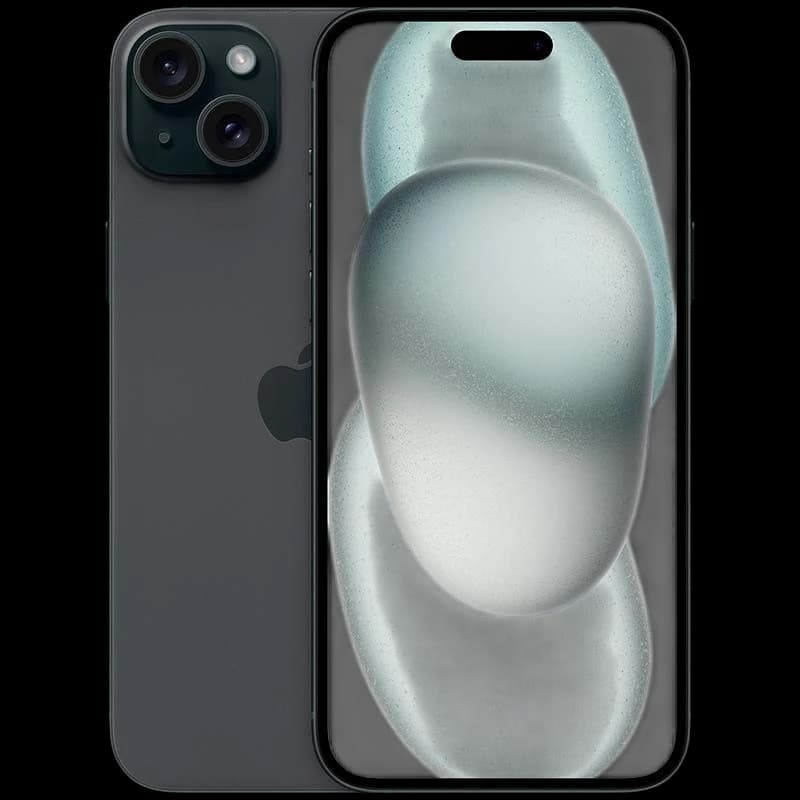iPhone 15 Plus preto renovado 128 GB, tela ampla com bordas finas, Dynamic Island, duas câmeras traseiras grandes, acabamento elegante em preto matte