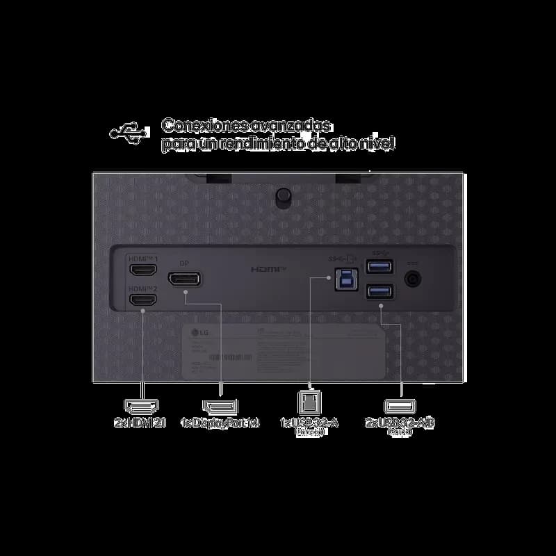 Ports arrière du LG UltraGear 27GX704A : 2x HDMI 2.1, 1x DisplayPort 1.4, 1x USB‑C, 1x USB 3.2‑A, 2x USB 3.2‑A/B, pour connexions gaming haut débit