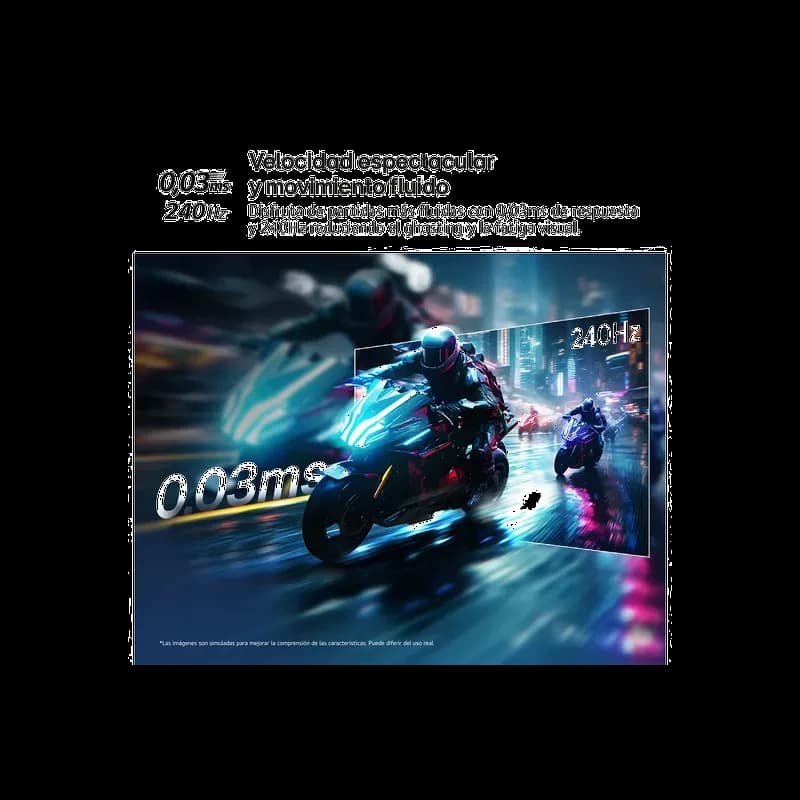 Écran LG UltraGear 27 pouces OLED QHD 240 Hz 0,03 ms avec scène de moto futuriste, couleurs vives, contraste élevé et mouvement ultra fluide