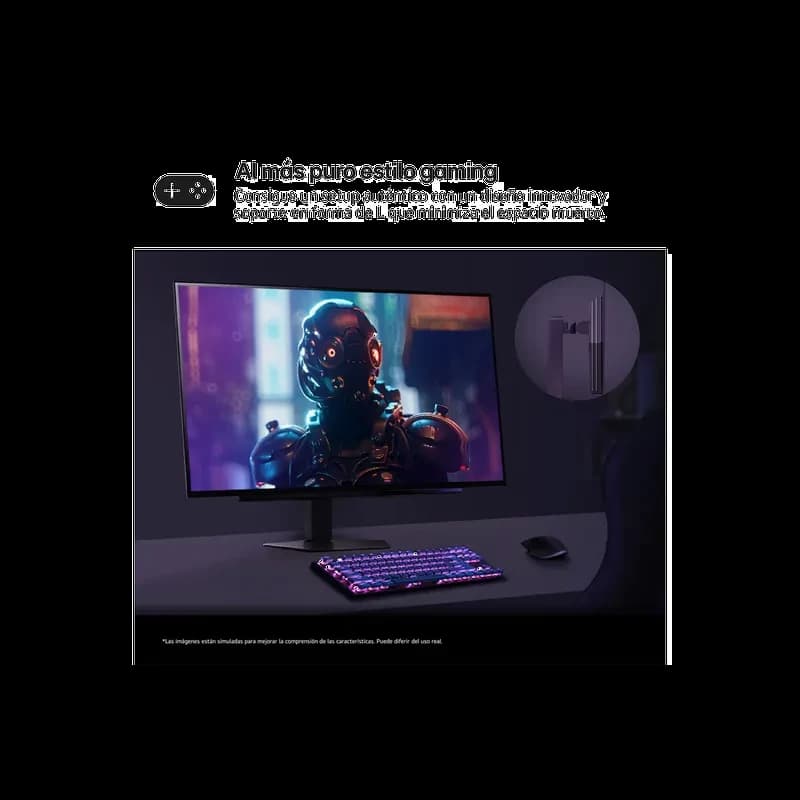 LG UltraGear 27GX704A moniteur gaming 27 pouces OLED QHD, 240 Hz, 0,03 ms, cadre fin, pied en L compact, écran lumineux affichant un robot futuriste