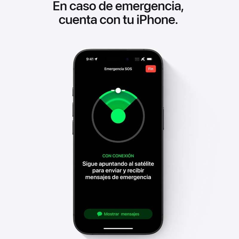 iPhone 16 5G 128GB Azul Ultramar renovado excelente, pantalla OLED con biseles finos mostrando Emergencia SOS vía satélite y notch superior central