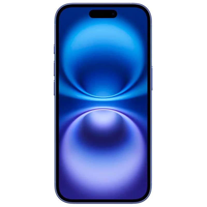 iPhone 16 5G 128GB Azul Ultramar renovado en excelente estado con pantalla amplia sin marcos, notch tipo isla y bordes curvos en acabado azul brillante