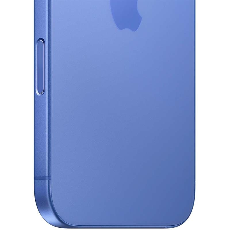 Lateral del iPhone 16 5G azul ultramar, acabado mate, borde recto de aluminio con botón lateral visible. Renovado 128GB en estado excelente.