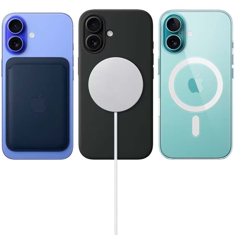 iPhone 16 5G 128 Go bleu vert reconditionné excellent état avec coque MagSafe et porte-cartes dos, double capteur photo, design épuré et fin