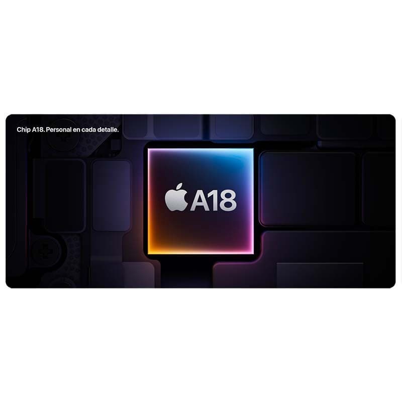 Puce Apple A18 mise en avant sur fond sombre aux reflets néon, contours lumineux multicolores, design carré net, accent sur performance et précision