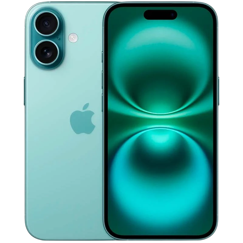 Smartphone bleu vert élégant avec double appareil photo arrière, écran bord à bord lumineux, bouton latéral et logo Apple, finition reconditionnée - Ítem