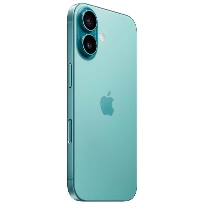 iPhone 16 5G 128 Go bleu vert reconditionné excellent état, dos en verre, bords plats, double capteur photo arrière proéminent, logo Apple centré