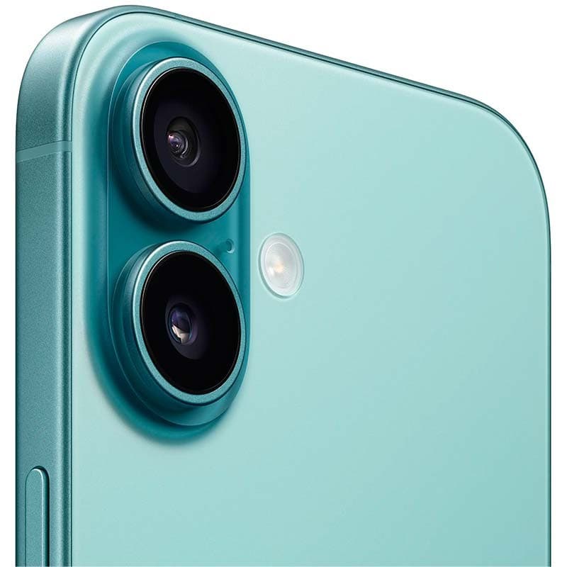 Double capteur arrière grand format avec flash, finition Bleu Vert mate, bords arrondis en aluminium, détails nets du module photo du iPhone 16 5G 128 Go