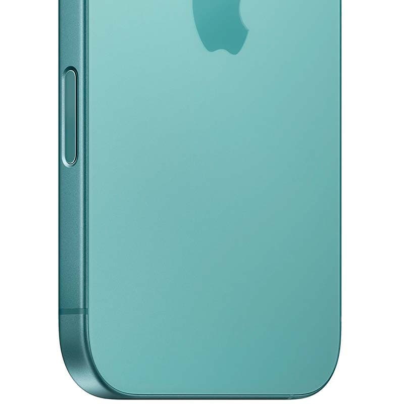 Tranche latérale iPhone 16 5G bleu vert, bords plats en aluminium, finition mate lisse, bouton volume visible, état reconditionné excellent, 128 Go