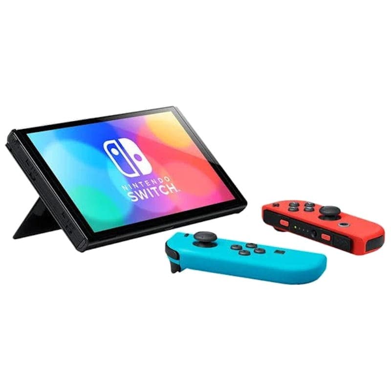 Console Nintendo Switch V2 avec écran posé sur béquille, Joy-Con bleu néon et rouge néon détachés, reconditionnée en excellent état