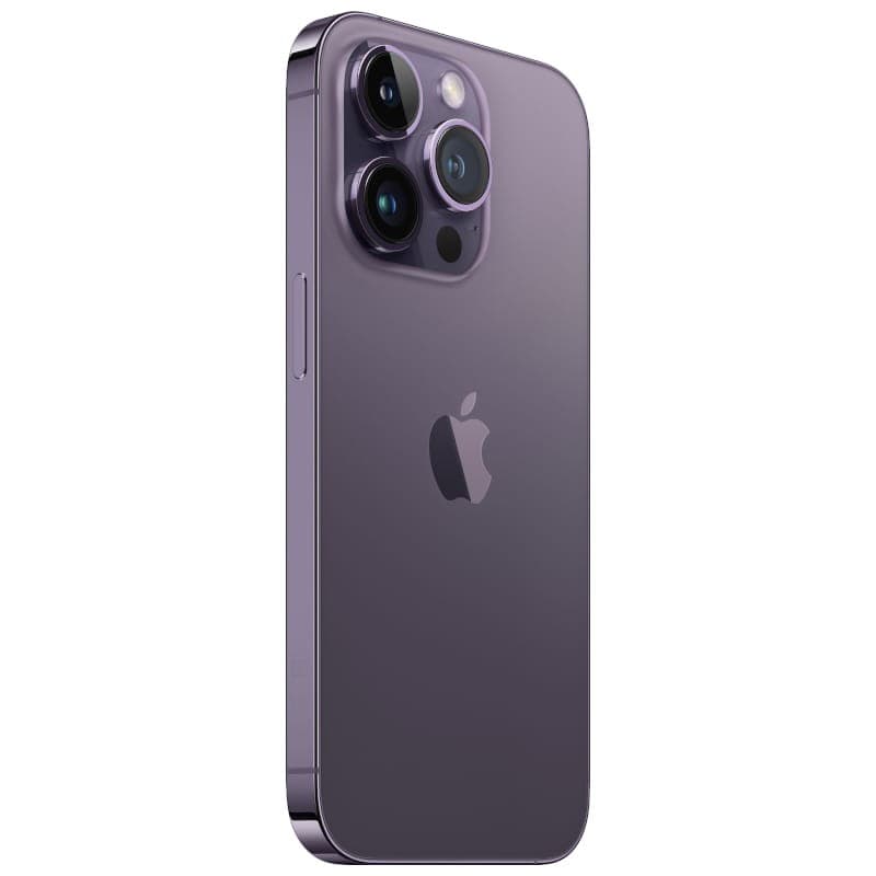 iPhone 14 Pro morado oscuro 256GB reacondicionado en estado premium, acabado mate con bordes pulidos y triple cámara trasera con lentes prominentes