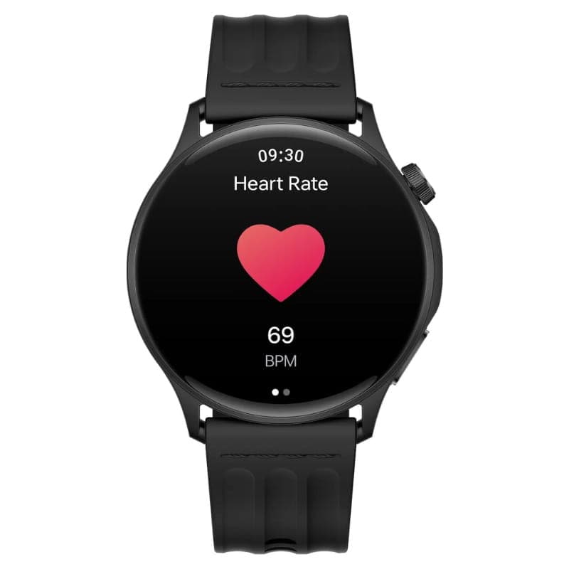 OnePlus Watch Lite Prata com mostrador redondo preto, ecrã que exibe ritmo cardíaco e BPM, correia de silicone preta com textura, design esportivo elegante