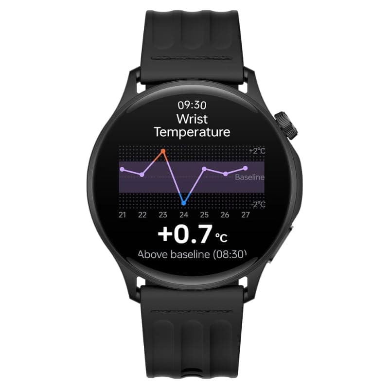 OnePlus Watch Lite Prata com mostrador redondo preto, gráfico de temperatura no ecrã, caixa metálica e pulseira de silicone preta; suporte a NFC