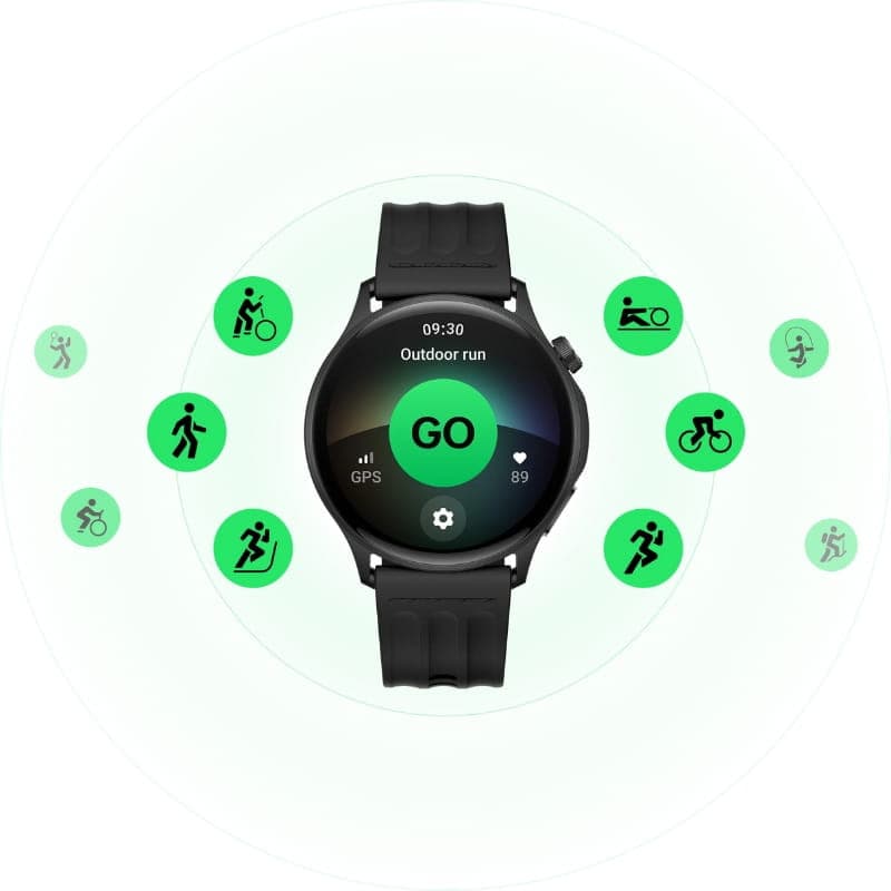 OnePlus Watch Lite Prata com mostrador redondo preto, tela colorida com GO, ícones de corrida, ciclismo e natação, pulseira esportiva e GPS integrado