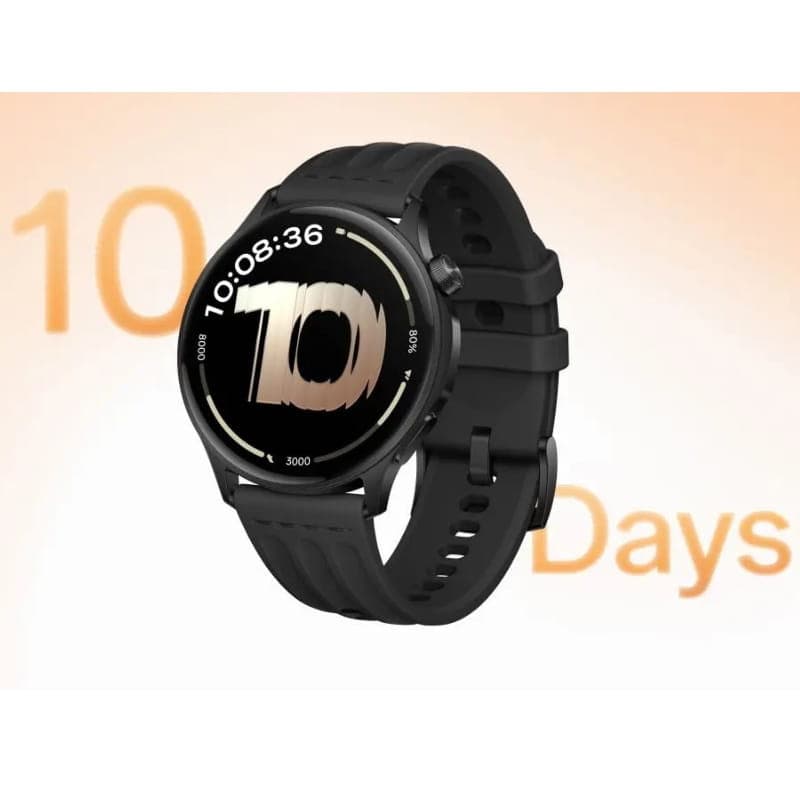 OnePlus Watch Lite Prata com caixa redonda preta, ecrã digital com número 10 em destaque, bracelete de silicone preta com fecho e furos ajustáveis