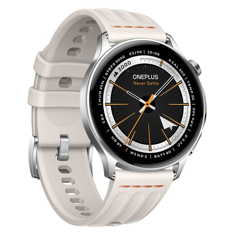 OnePlus Watch Lite Prata com caixa metálica prateada, mostrador preto com detalhes laranja e bracelete silicone branca perfurada; estilo desportivo elegante