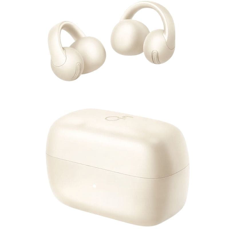 Soundcore C50i Branco auriculares abertos com clipe, design ergonômico em off-white, estojo compacto com LED frontal e earbuds com alças arredondadas