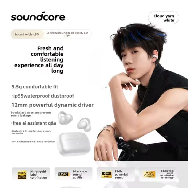 Soundcore C50i Branco em ouvido com clipe; design open-fit leve 5,5 g, driver dinâmico 12 mm, estojo branco compacto, microfones e controles laterais