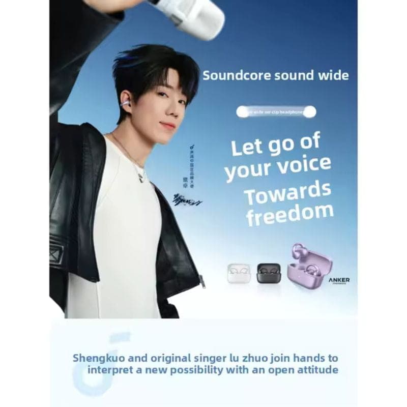 Soundcore C50i Lila – auriculares abertos com clipe, design leve em roxo, estojo compacto, botões visíveis e encaixe confortável para uso diário