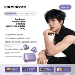 Soundcore C50i Lila com design aberto e clipe, earbuds ultraleves 5,5 g, case lilás compacto, driver dinâmico 12 mm, Bluetooth 5.3, IP55 resistente a água e