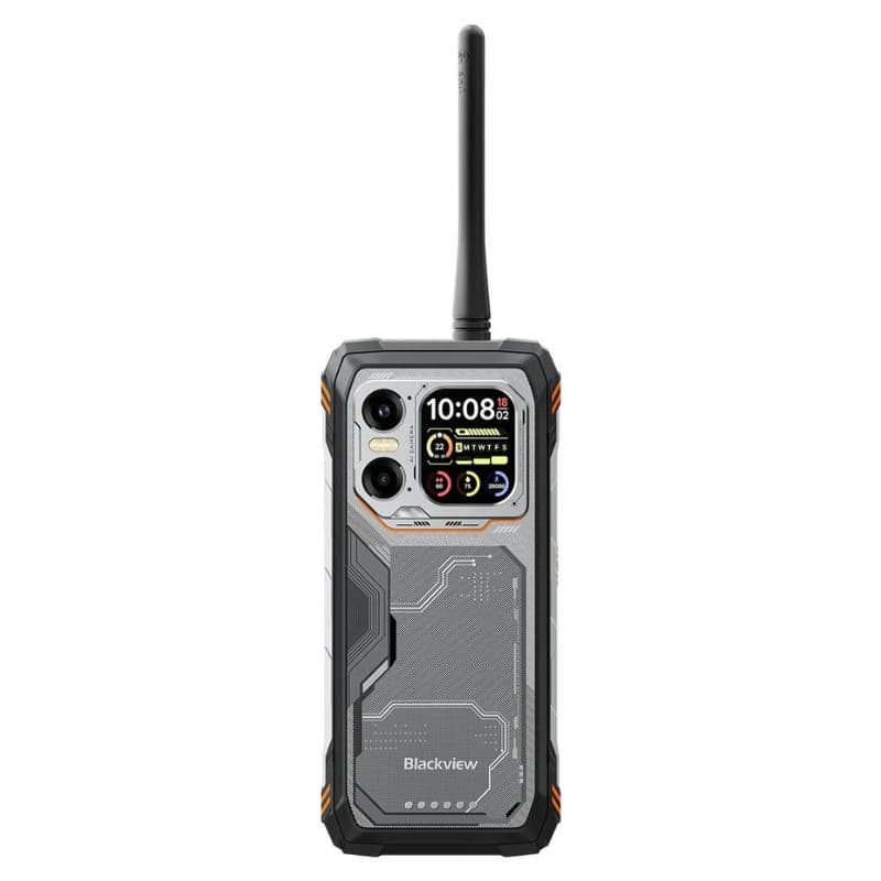 Blackview XPLORE 1 5G laranja, walkie talkie robusto com antena longa, corpo cinza com detalhes em preto e laranja, tela colorida e câmeras duplas traseiras