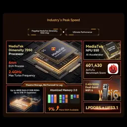Blackview XPLORE 1 5G laranja com chipset MediaTek Dimensity 7050, NPU 550, 12GB RAM + 256GB, LPDDR5 + UFS 3.1, Wi‑Fi 6, expansão até 2TB e desempenho