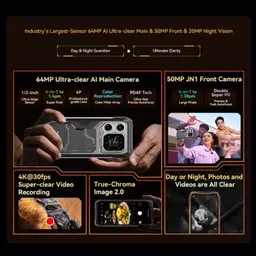 Blackview XPLORE 1 5G laranja robusto com módulo de câmeras 64MP e 50MP front, visão noturna 20MP, gravação 4K 30fps e corpo reforçado para uso extremo