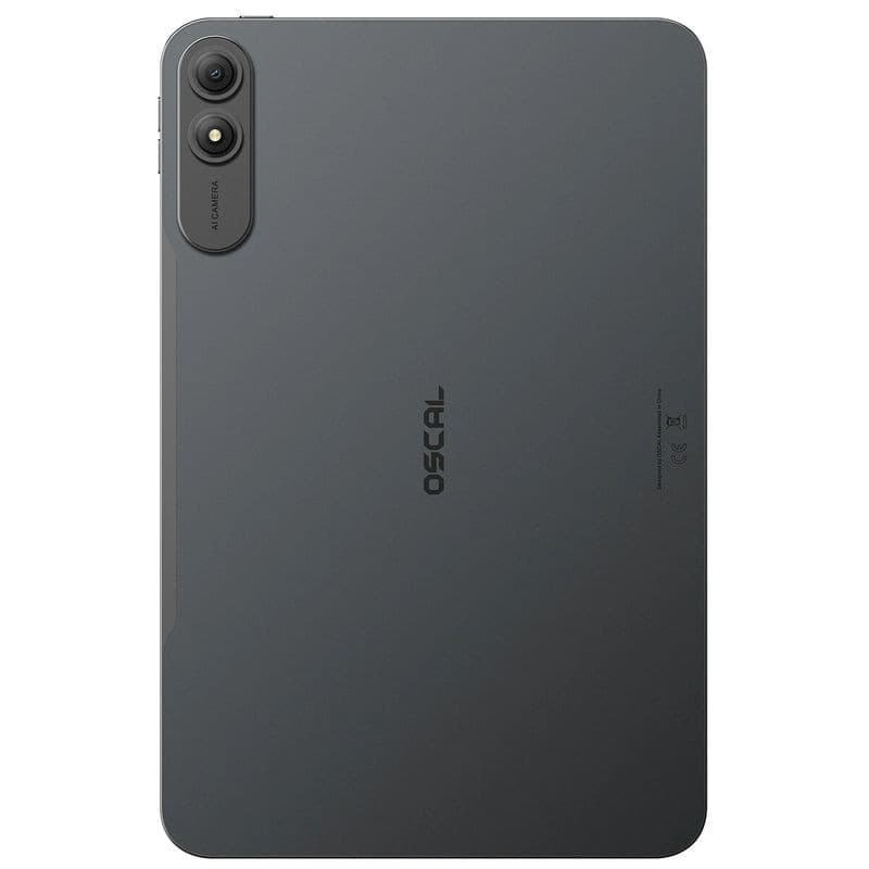 Tablette grise Blackview Oscal Pad 200, dos épuré avec logo OSCAL centré, double capteur photo vertical avec flash, finition mate élégante 128 Go 6 Go RAM
