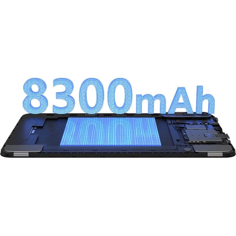 Blackview Oscal Pad 200 gris avec batterie 8300 mAh mise en avant, coque fine, composants internes visibles, design moderne et RAM 6 Go, stockage 128 Go