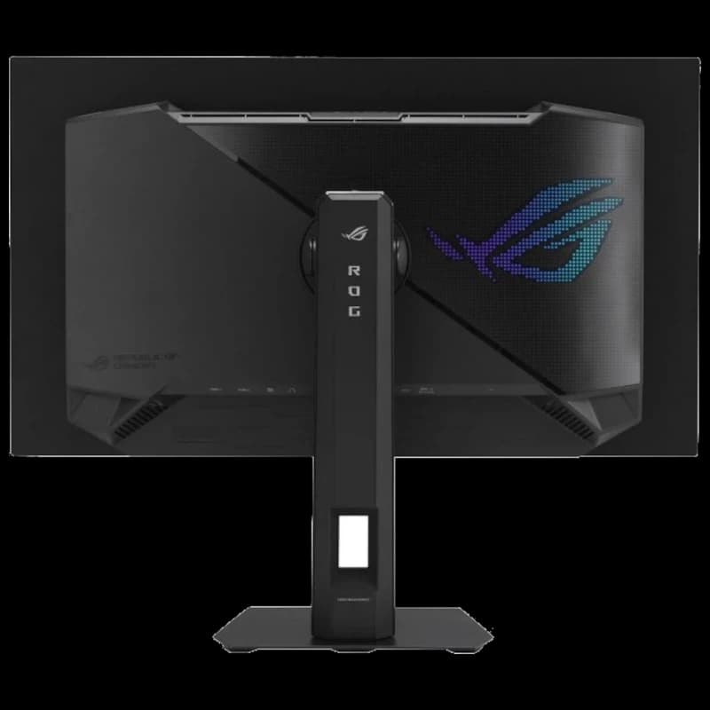 ASUS ROG Strix XG27AQWMG con panel trasero negro, logo ROG RGB, soporte central robusto con ajuste de altura y gestión de cables, diseño gamer angular