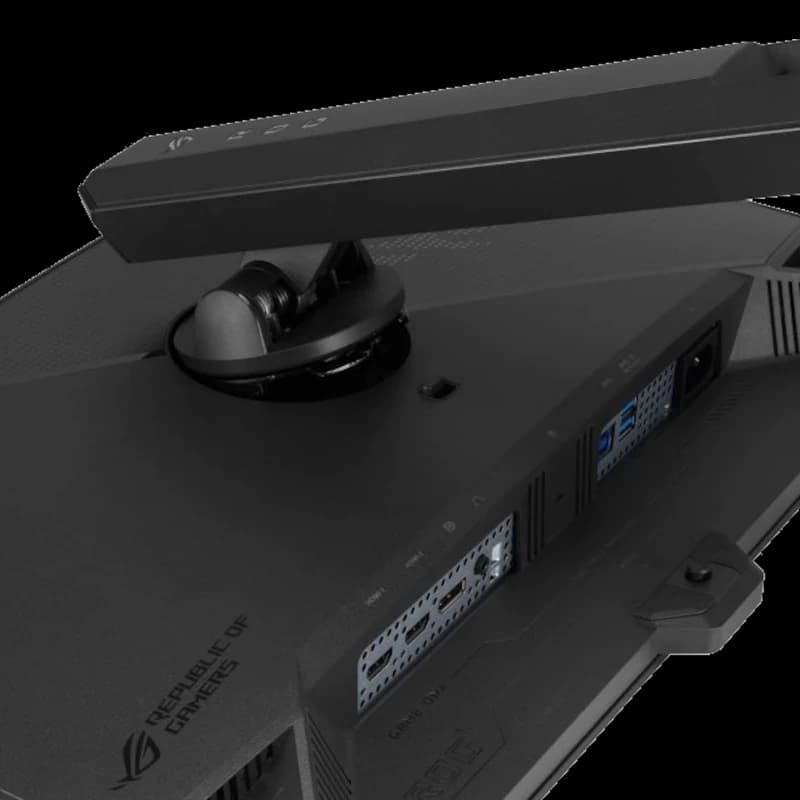 ASUS ROG Strix XG27AQWMG con brazo robusto ajustable, ventilación superior, puertos traseros accesibles y acabado negro con logo ROG para setup gaming premium